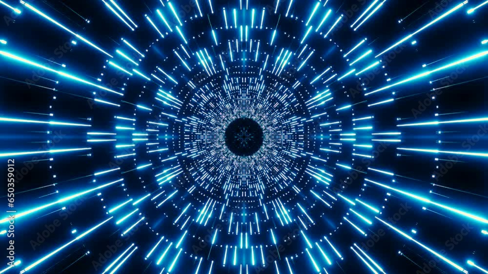 Poster flashing neon spaceship tunnel. design. bright flashing beams in moving cyber tunnel. luminous rays 