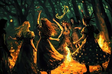 Witchcraft Black Mass Deep in the Forest coven of wicca women dancing and frolicking around a bonefire oil painting high contrast colors 