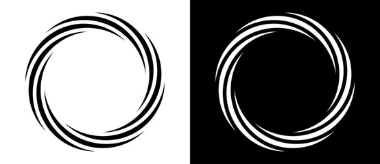 Rotating art lines in circle shape as symbol, logo or icon. A black figure on a white background and an equally white figure on the black side.