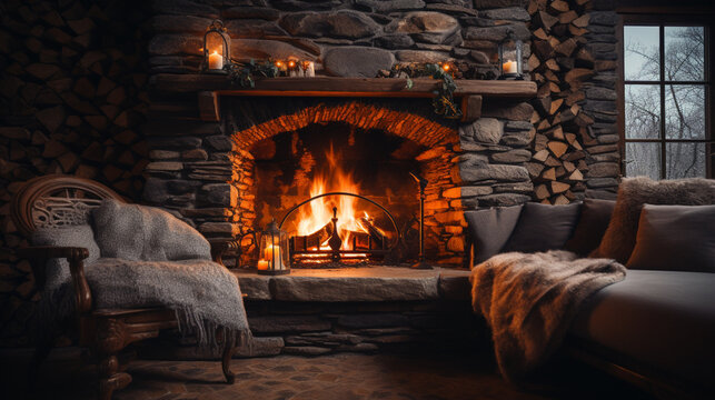 Modern fireplace with burning wood in room. Interior design.