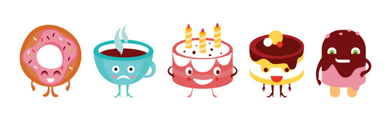 Cute Food Character with Smiling Faces Vector Set