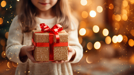 Fototapeta na wymiar Time gifts - gift box in hand girls