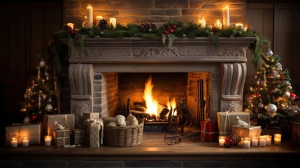 Warm Christmas Fireplace Setting with Stockings and Garland - obrazy, fototapety, plakaty
