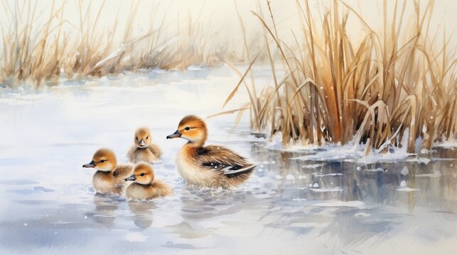  a painting of a mother duck with her two ducklings.  generative ai
