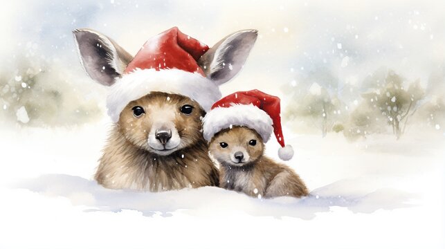 a painting of a dog and a puppy wearing a santa hat.  generative ai