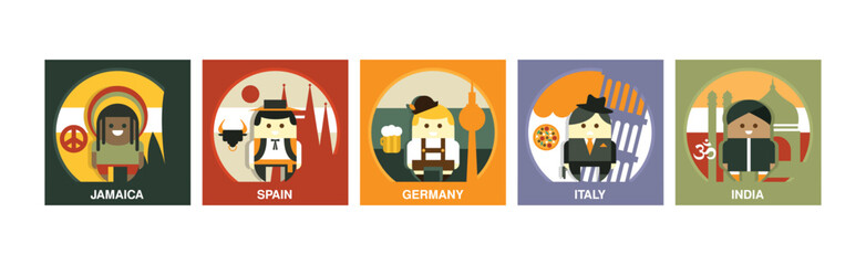 Different Country Citizen Icon with Funny Man in Traditional Dress Vector Set