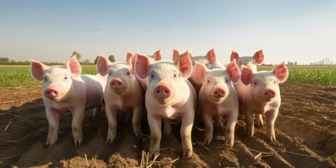 A Group Of pigs Standing Next To Each Other On A Field. Generative AI