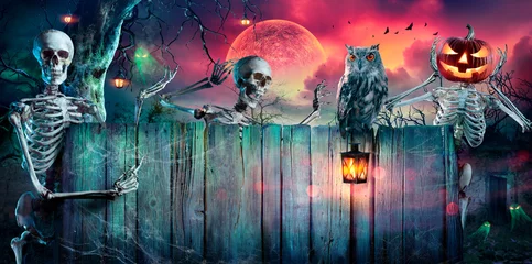 Keuken foto achterwand Uiltjes Halloween Party - Skeletons And Owl On Wooden Banner In Spooky Night At Moonlight - Contain Only Moon 3D Rendering - Real Shots Composing