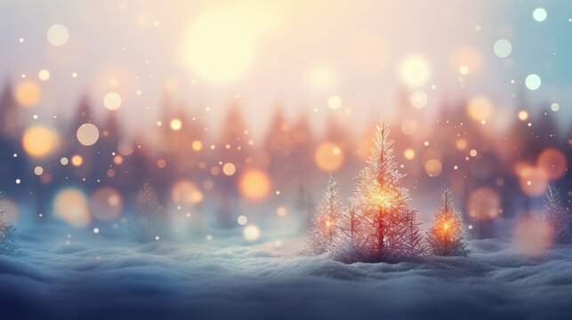  a snowy landscape with a christmas tree and a bright sun.  generative ai