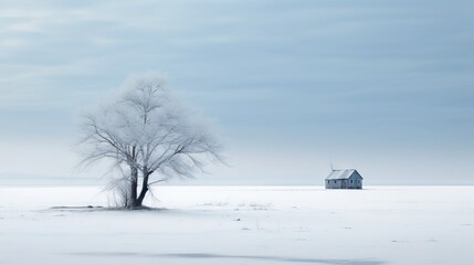  a lone tree stands in the middle of a snowy field.  generative ai