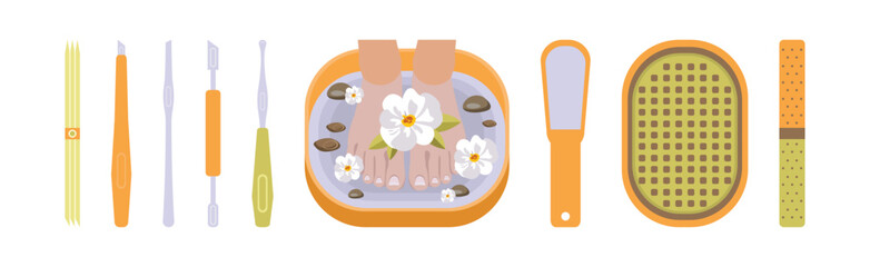 Pedicure Object and Tools for Nail Treatment Vector Set