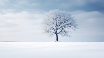  a lone tree stands alone in a snowy field under a cloudy sky.  generative ai