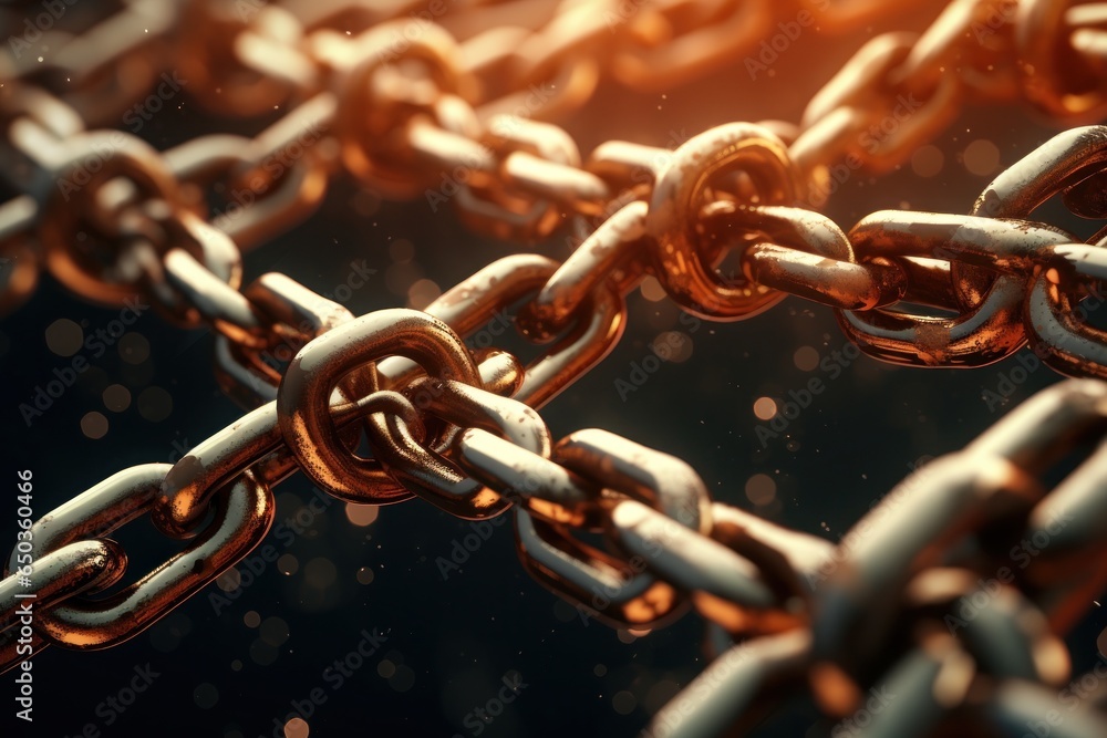 Poster A detailed view of multiple chains linked together. This versatile image can be used to represent strength, connection, security, or bondage in various contexts.