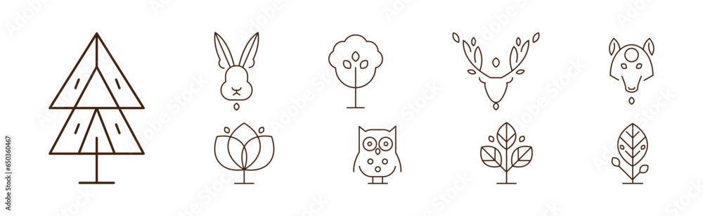 Poster forest line icon and object as nature park area vector set