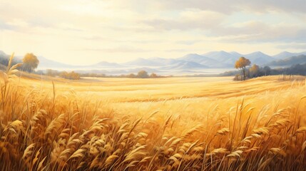 Obraz premium a painting of a wheat field with mountains in the background. generative ai