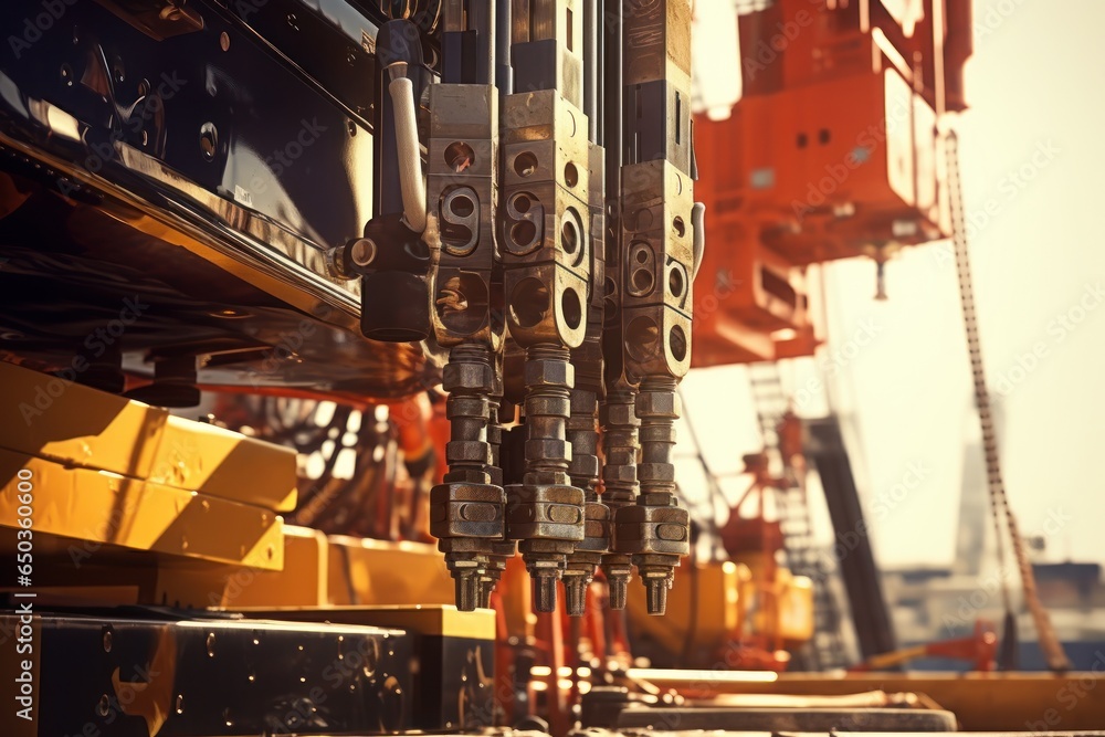Poster a detailed view of a crane on a construction site. this image can be used to depict construction, bu