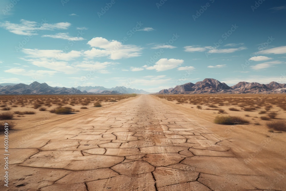 Poster a dirt road stretching through the middle of a desert. this image can be used to depict a remote and