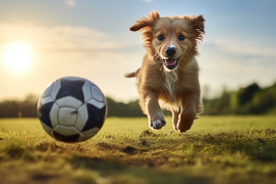 A picture of a dog enthusiastically running towards a soccer ball in a field. This image can be used to depict energy, playfulness, and sports activities.