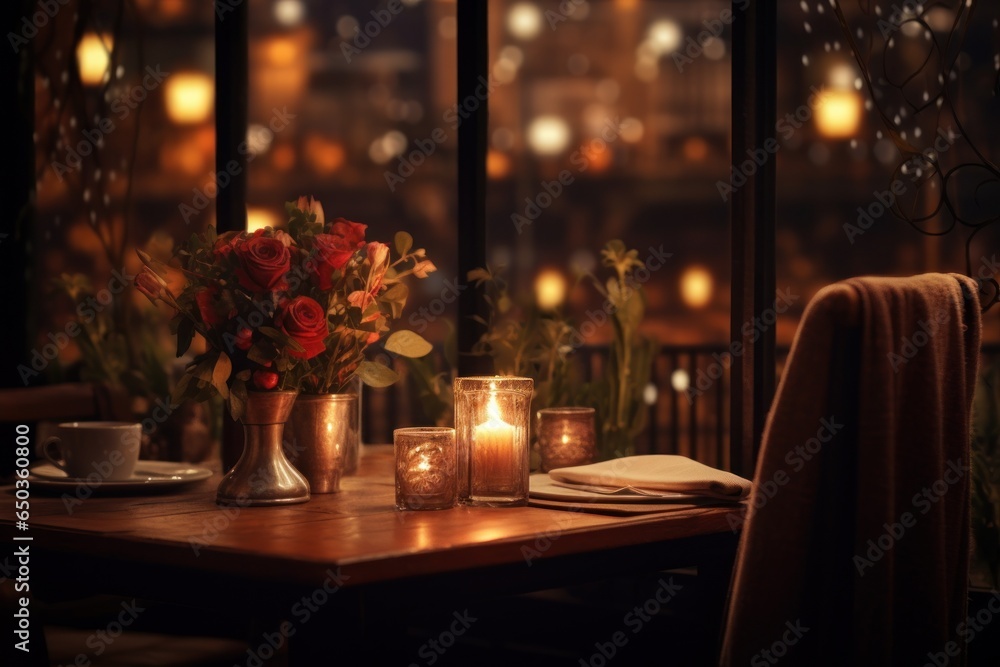 Poster A simple yet elegant table set up with candles and flowers. Perfect for creating a romantic atmosphere or for special occasions.