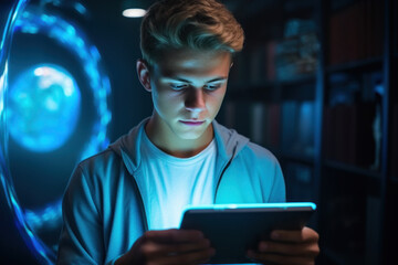 A young man is seen using a tablet computer in a dark room. This image can be used to depict technology, digital communication, or late-night work.