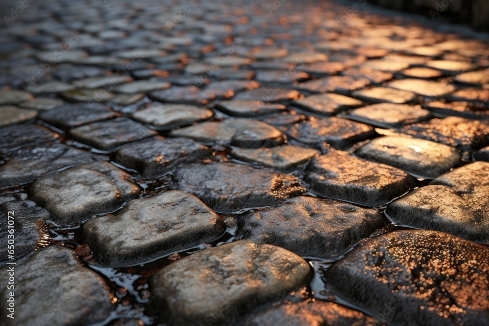 Poster a close-up shot of a cobblestone street at sunset. perfect for adding a touch of vintage charm to an