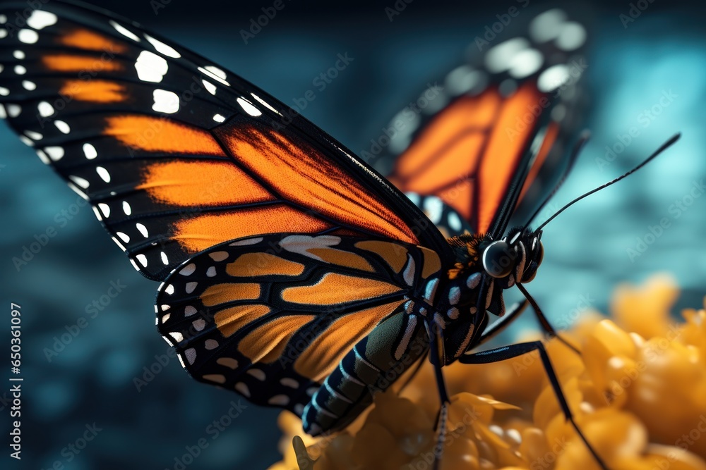 Poster A close-up view of a butterfly perched on a vibrant flower. This image captures the intricate details of the butterfly's wings and the delicate beauty of the flower. Perfect for nature enthusiasts or 