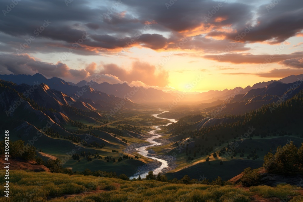 Sticker A stunning image capturing the beautiful sunset over a picturesque valley in the mountains. Perfect for nature enthusiasts and travel websites.