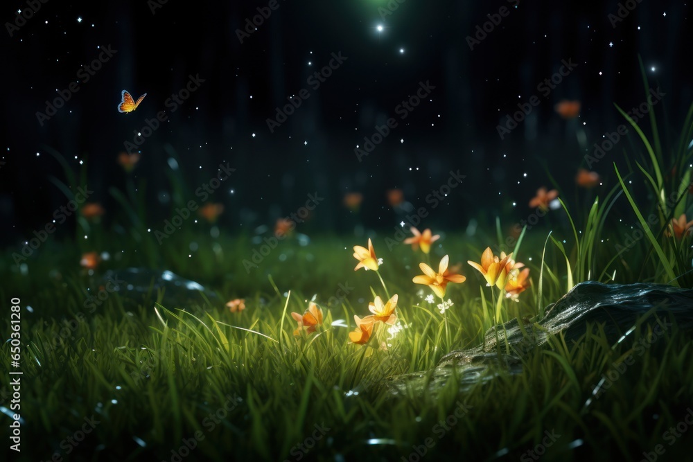 Poster a beautiful bunch of yellow flowers illuminated under the night sky. perfect for adding a touch of c