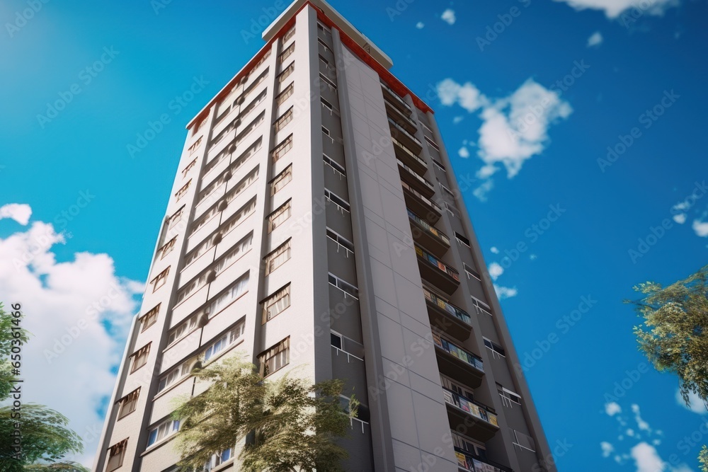 Aufkleber a picture of a tall building situated next to a beautiful, lush green forest. this image can be used