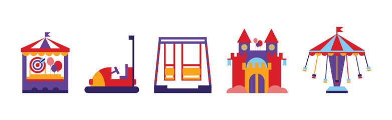 Fototapeta premium Amusement Park Fairy Attractions and Entertainment Vector Set