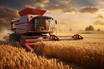 Fototapeta premium A red combiner harvesting wheat in a picturesque field at sunset. Perfect for agricultural and farming concepts.
