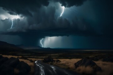 a dramatic thunderstorm with lightning illuminating a dark, moody sky above a rugged landscape