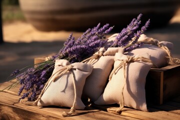 A bunch of lavenders sitting on top of a wooden table. Perfect for adding a touch of nature and tranquility to any setting.