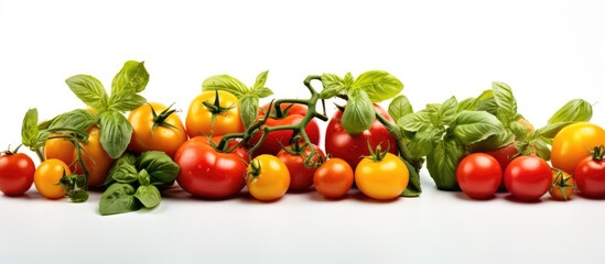 Assorted tomatoes and basil on white background