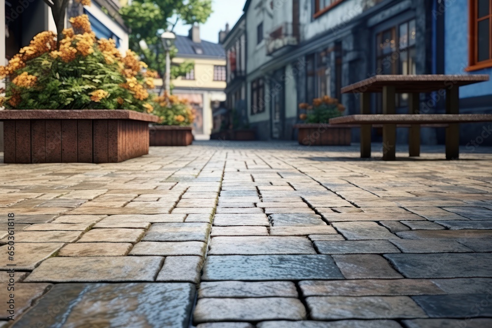 Poster a picturesque cobblestone street lined with charming benches and vibrant flowers. perfect for adding