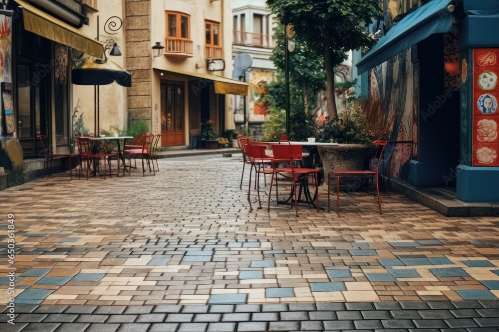 Aufkleber An image of an empty street with tables and chairs in the middle. This picture can be used to depict a quiet outdoor seating area or to represent the concept of an empty city street.