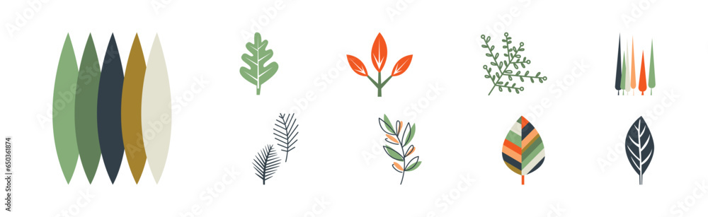 Aufkleber abstract leaf and foliage with botanical elements vector set