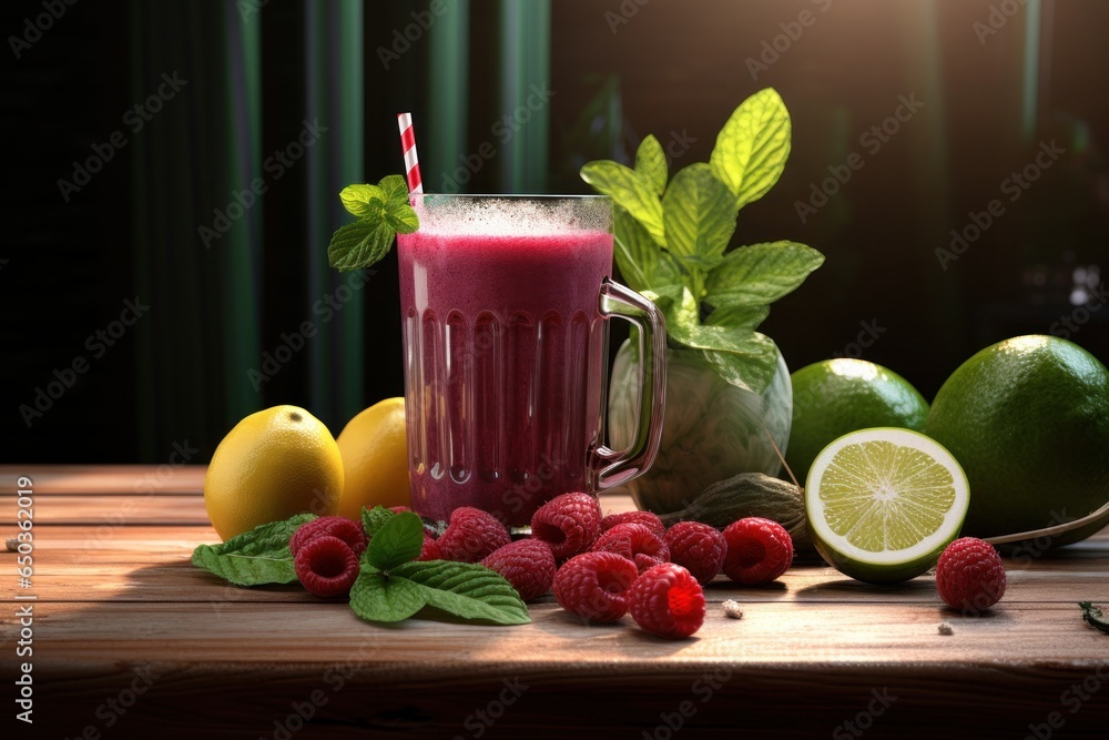 Poster a refreshing glass of raspberry smoothie accompanied by vibrant lemons and plump raspberries. perfec