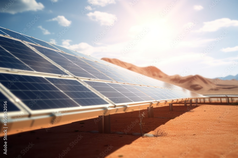 Poster a row of solar panels in the desert. this image can be used to depict renewable energy, sustainable 
