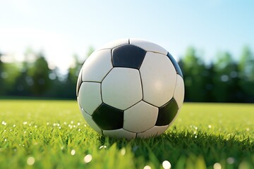 Fototapeta premium A soccer ball sitting on top of a lush green field. This image can be used to depict sports, outdoor activities, or the game of soccer.
