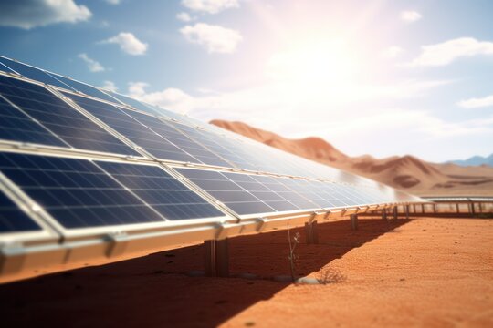 A row of solar panels in the desert. This image can be used to depict renewable energy, sustainable technology, and clean power generation.