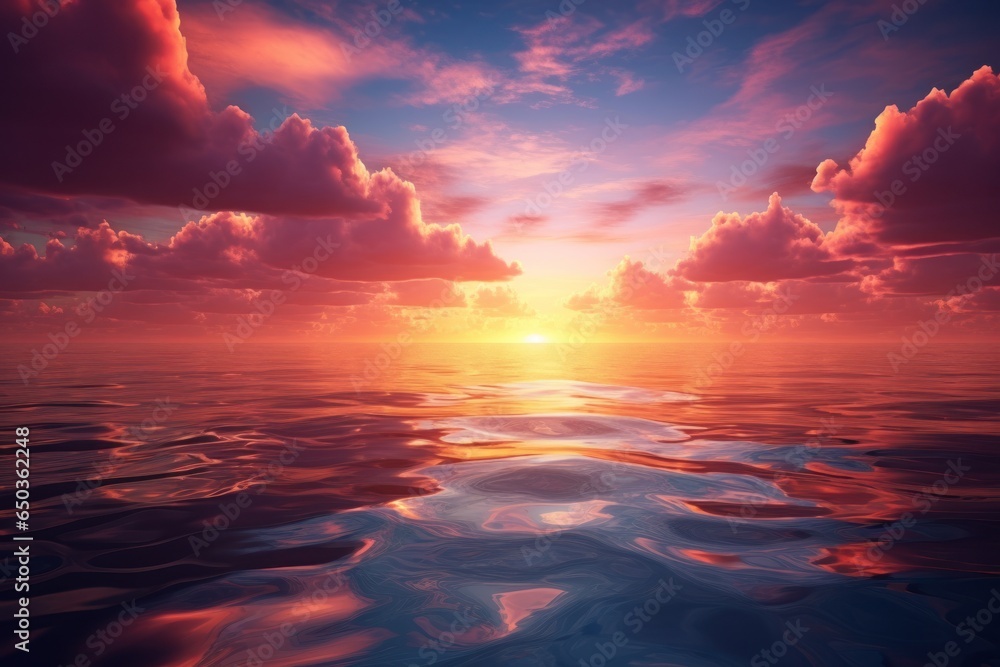 Poster a beautiful sunset over the ocean with fluffy clouds in the sky. perfect for travel and nature theme