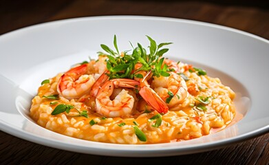 risotto with shrimp in a white bowl on a table