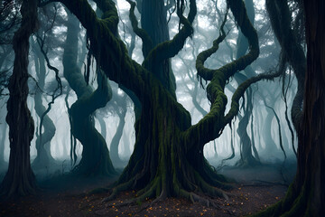 A magical, scary, horrorble, foggy afternoon time forest with twisted trees. genarative Ai realistic image