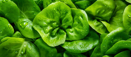 Fototapeta Fresh green lettuce leaves with water drops over them, closeup macro detail banner. Generative AI obraz