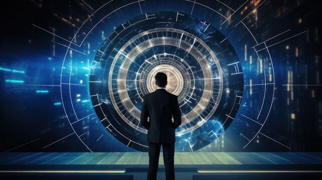 A confident businessman stands against the backdrop of a virtual darts field, showing his determination to achieve business goals and objectives.