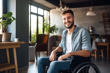 Smiling young man sitting in wheelchair  - obrazy, fototapety, plakaty