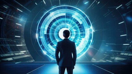 A confident businessman stands against the backdrop of a virtual darts field, showing his determination to achieve business goals and objectives.