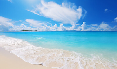 Beautiful beach with white sand, turquoise ocean and blue sky with clouds on a sunny day. Concept for summer travel and vacation. AI generated