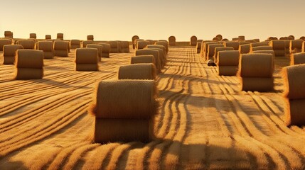 Obraz premium a field full of hay bales in the middle of the day. generative ai